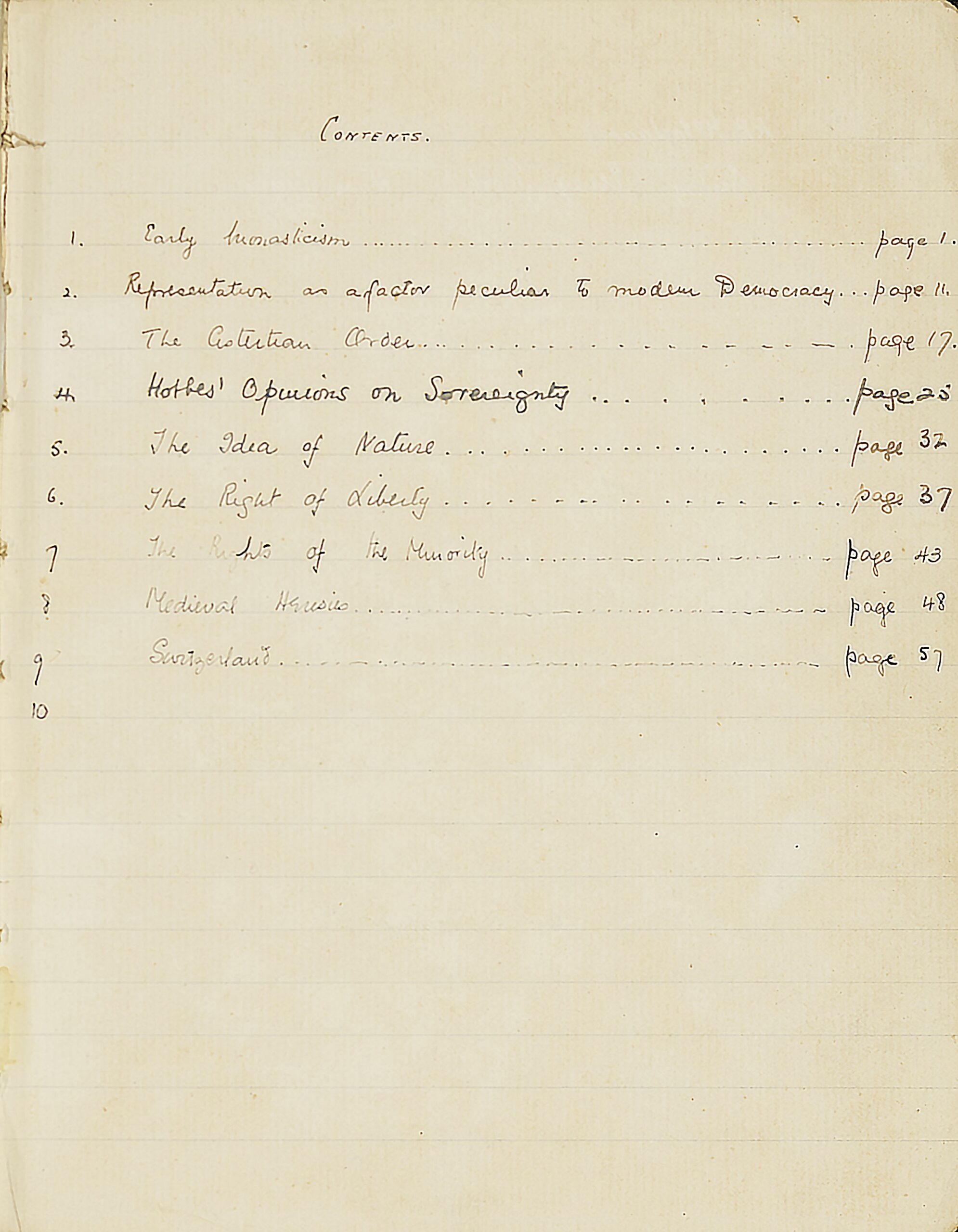 Handwritten contents page of K.B. McFarlane's school History notebook. 9 essays are listed, including "the idea of nature" and "the right of liberty."