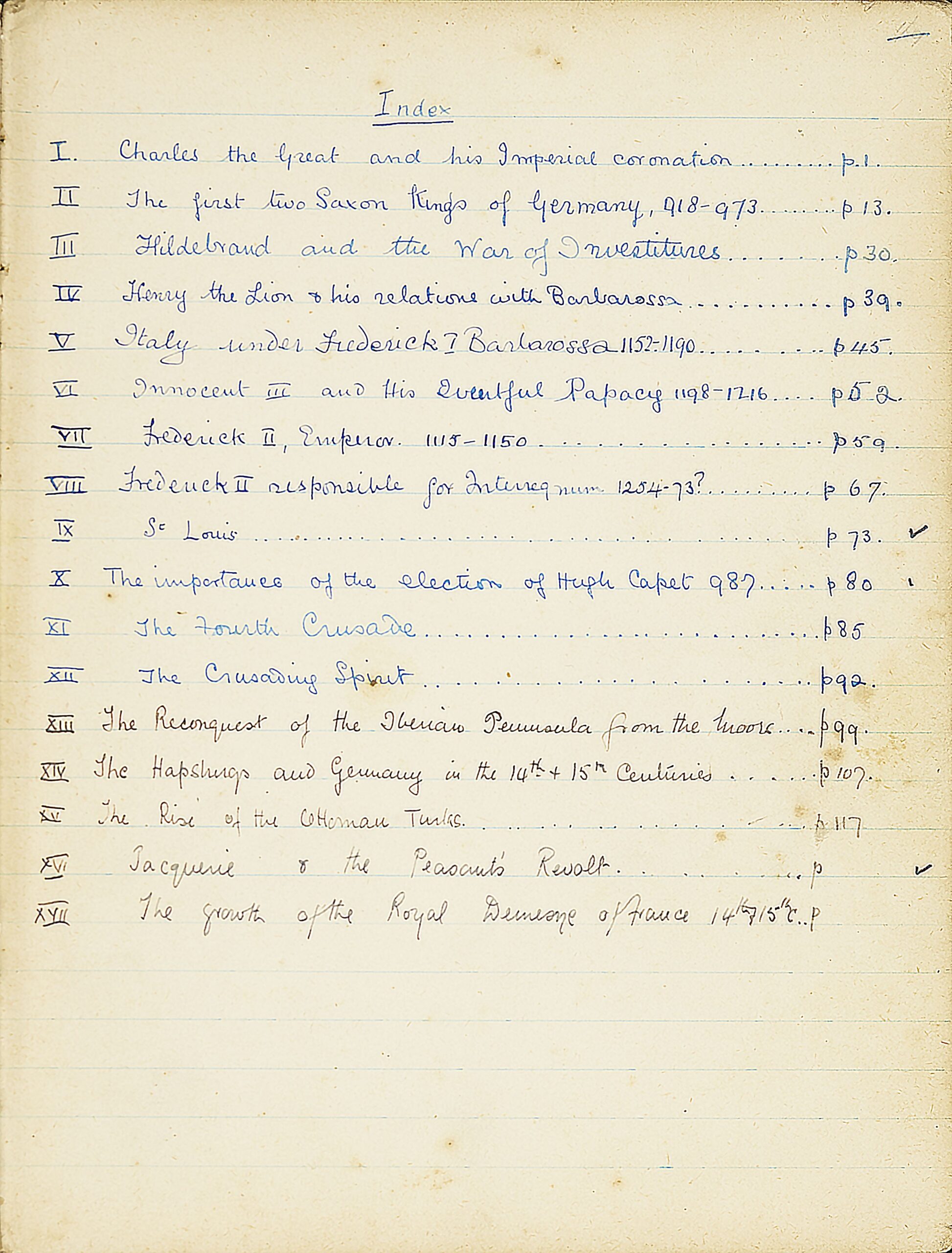 Contents page (though labelled index) detailing the titles of essays and which page they're on in the notebook. Essay titles include "Innocent III and his eventful Papacy 1198-1216" (page 52) and "The crusading spirit" (page 92)