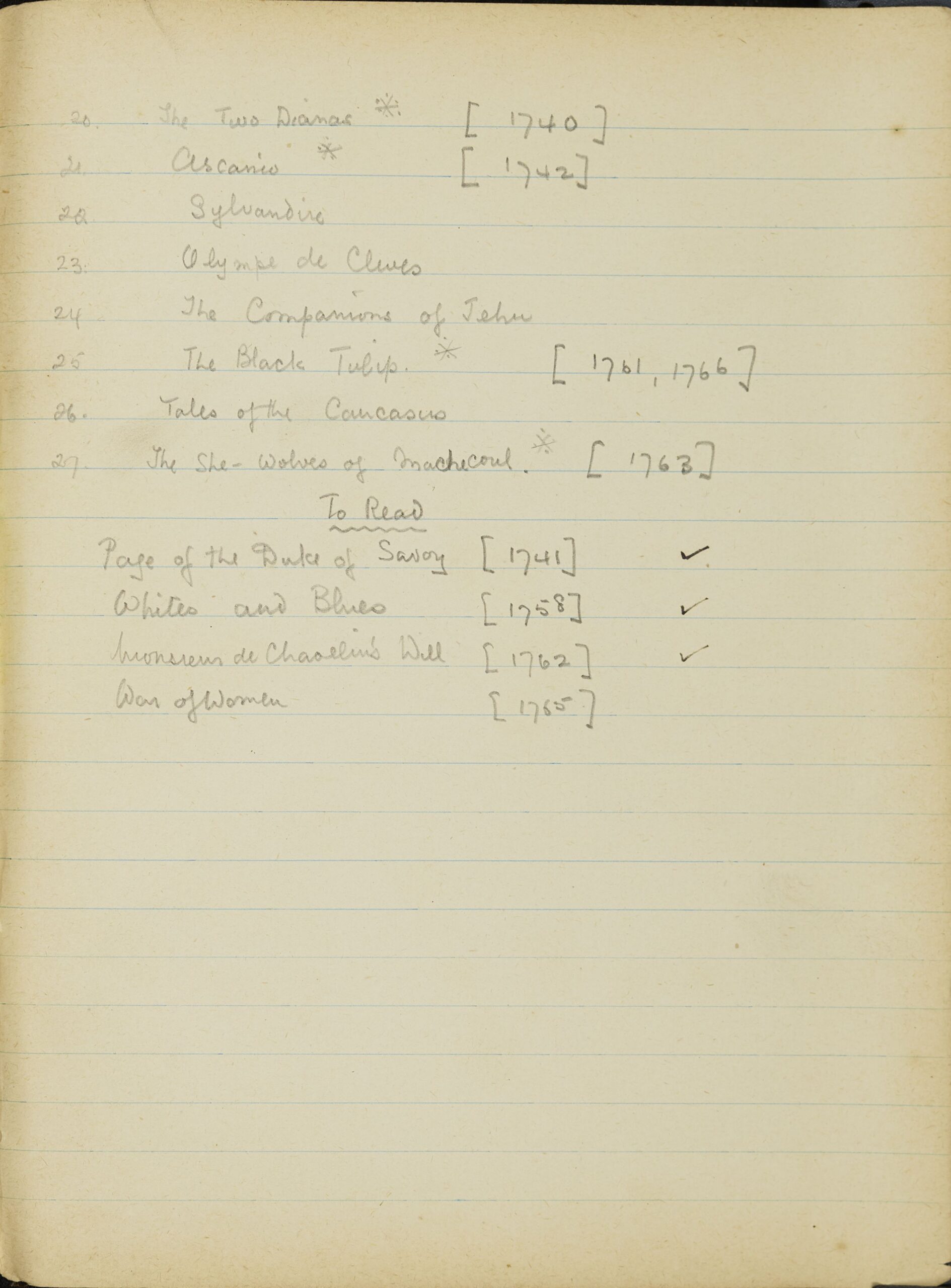 Second page of the reading list, continuing McFarlane's list of books he'd read. At the end, four additional titles are under the heading 'to read,' 3 of which have been ticked.