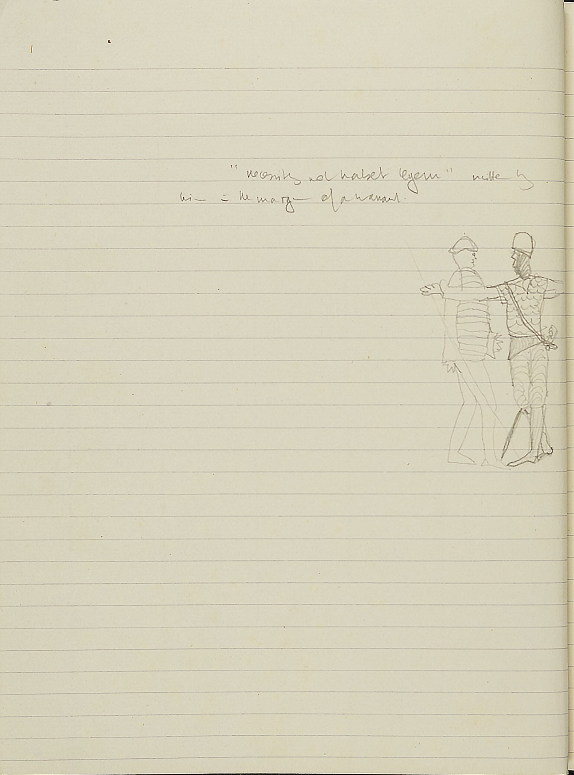 Notebook page, with pencilled notes taken during a lecture. On the right-hand-side of the page, is a doodle of two male figures (possibly soldiers) onw of whom is carrying a sword.
