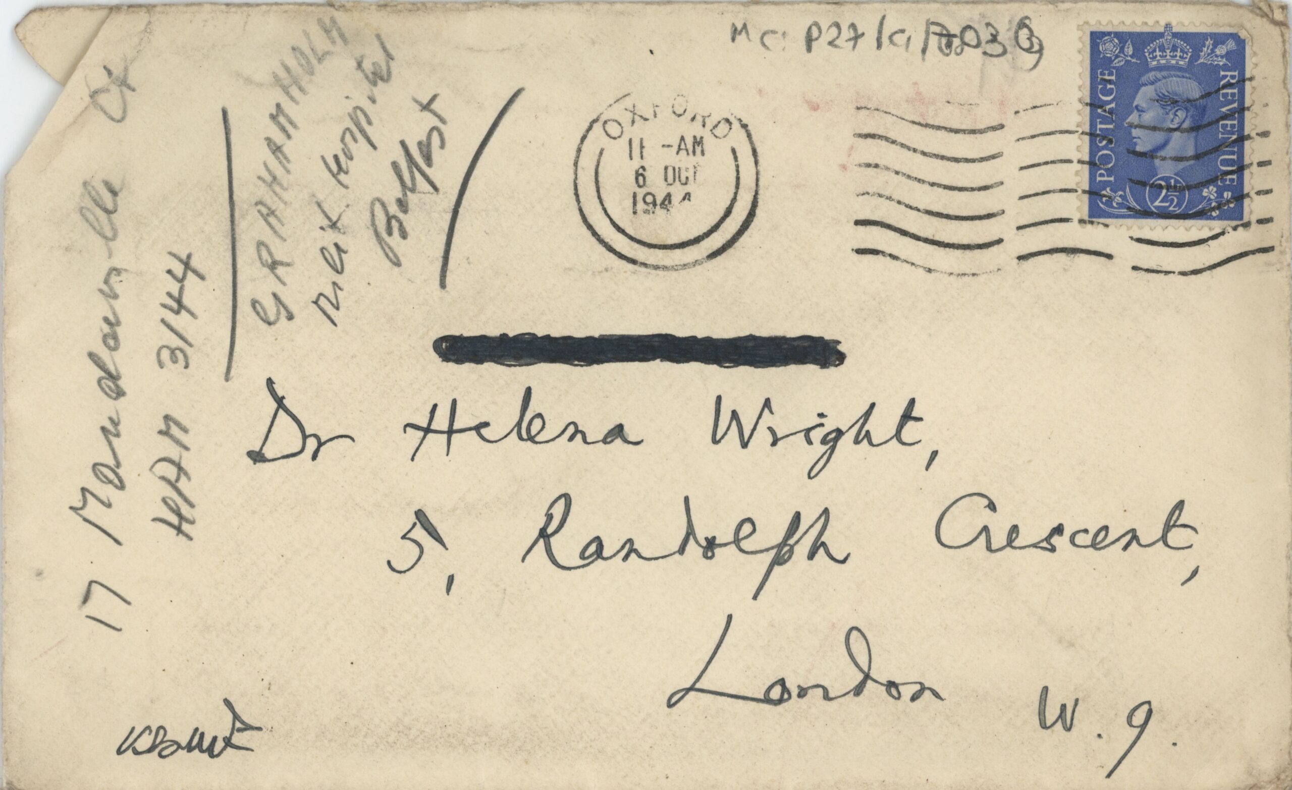 Envelope, directed to Dr Helena Wright. It has a George VI stamp on it.