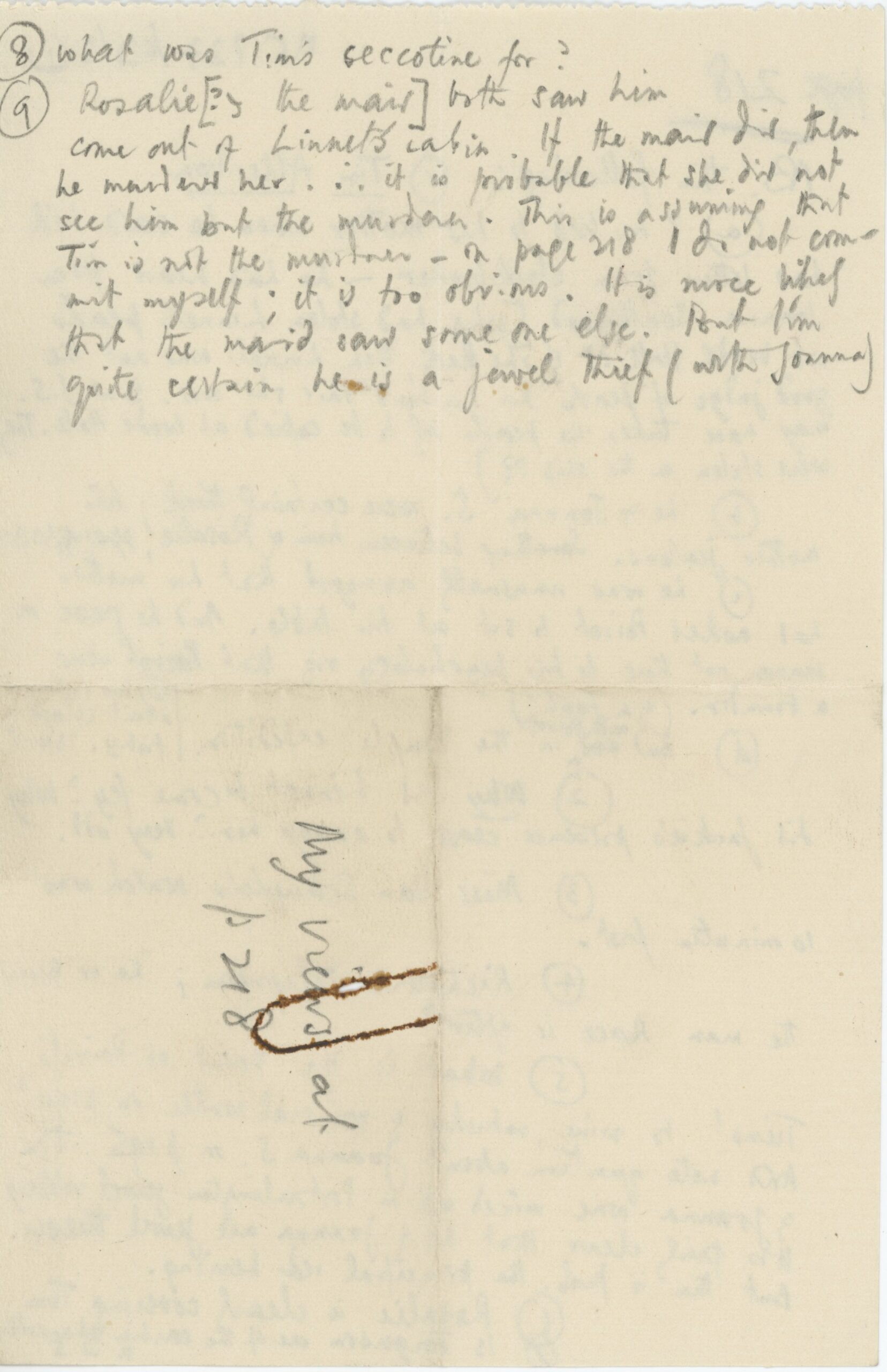 Small sheet of paper with handwritten notes in pencil. The text reads: 8) What was Tim’s Seccotine for? 9) Rosalie [? & the maid] both saw him come out of Linnet’s cabin. If the maid did, then he murders her… it is probable that she did not see him but the murderer. This is assuming that Tim is not the murderer- on page 218 I do not commit myself; it is too obvious. It is more likely that the maid saw someone else. But I’m quite certain he is a jewel thief (with Joanna).