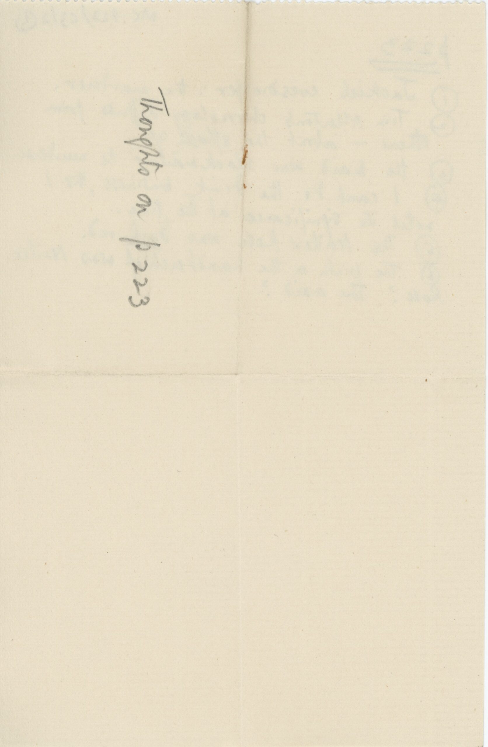 Small sheet of paper with handwritten notes in pencil. The text reads: Thoughts of p223