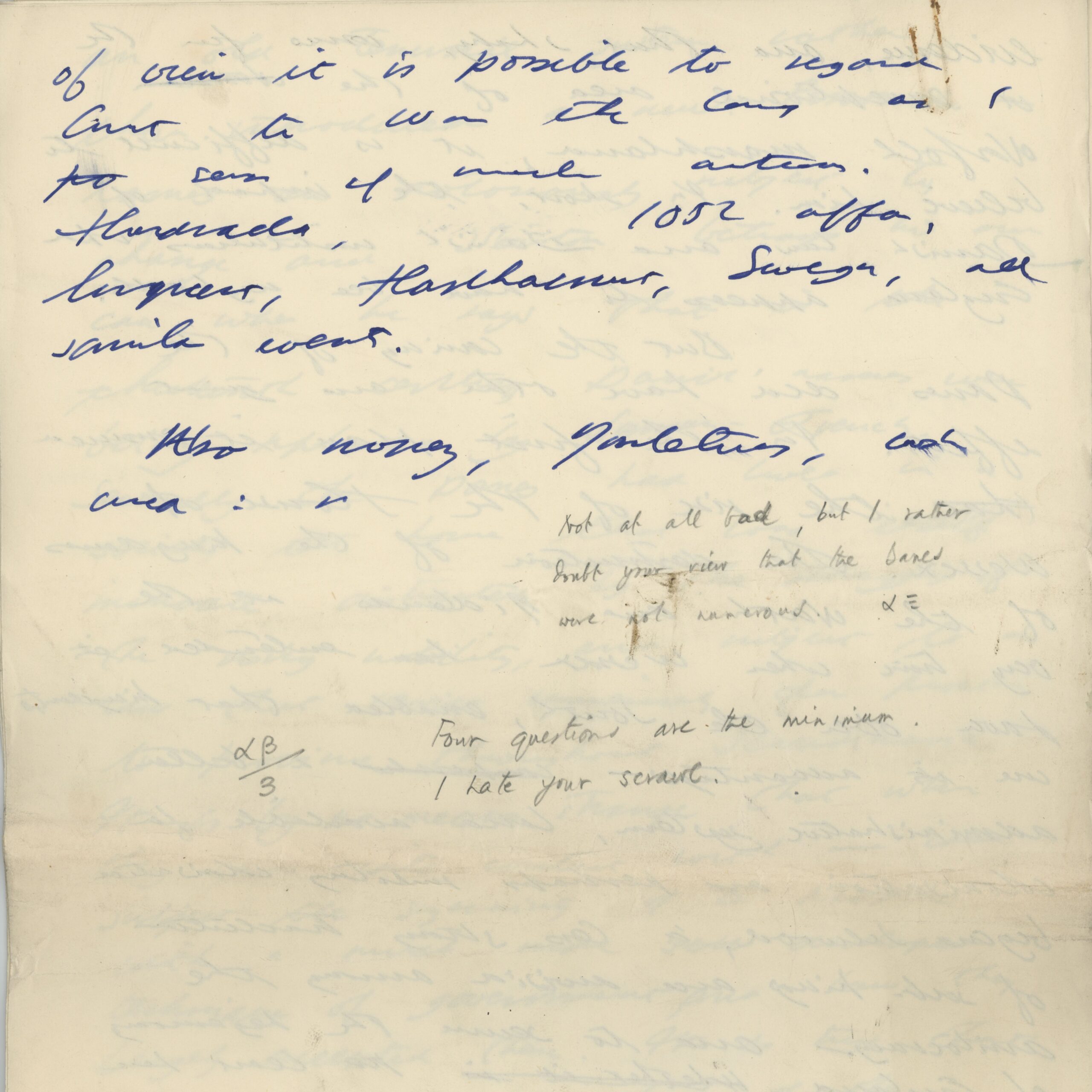 Handwritten exam paper. The student has large, cursive handwriting in blue ink. The marker, K.B. McFarlane, has written his comments at the end in pencil, including his negative opinion of the student's handwriting: "I hate your scrawl"