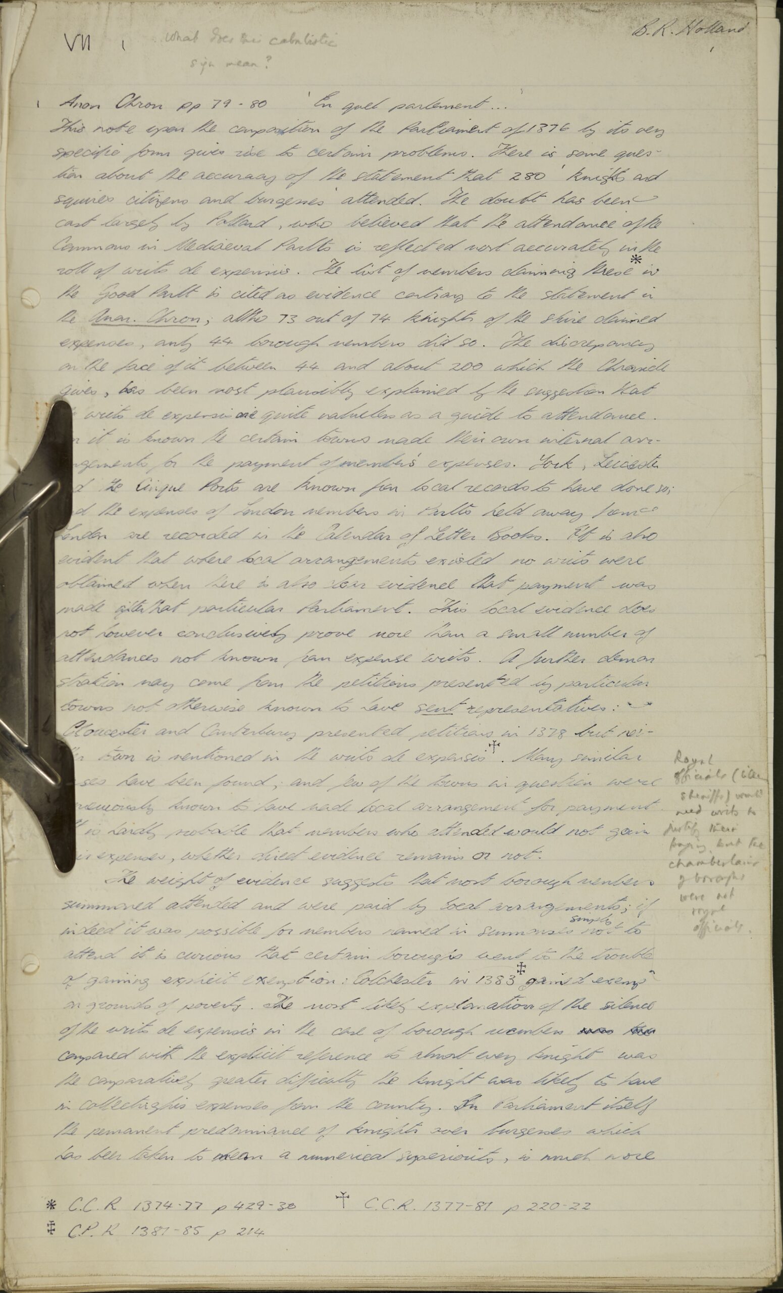 Page 1 of a handwritten essay by Robert Holland on A4 lined paper. In the wide margin left by Holland, the marker (K.B. McFarlane) has written a correction.