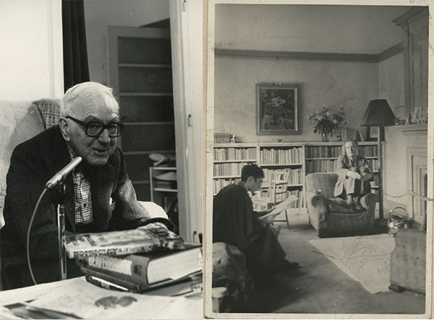 Left: A.J.P. Taylor in Budapest at a TV interview in 1985. Magdalen College Archives, P310/2/P3-10
Right: Photograph of K.B. McFarlane with student Karl Leyser in a tutorial. Magdalen College Archives, P27/P1/4
